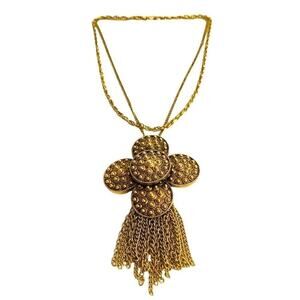 Vintage 60s Runway Statement Necklace Gold Tone Chain Fringe Quatrefoil Pendant